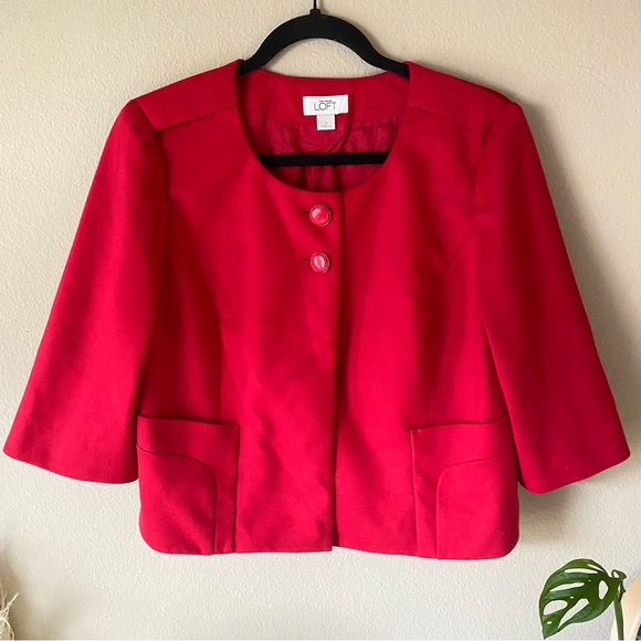 Ann Taylor LOFT Red Crop Blazer Suit Jacket Business Buttons - Picture 1 of 6